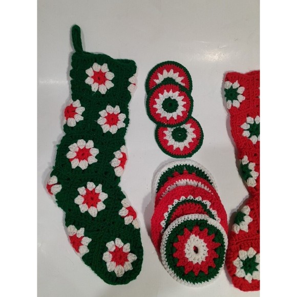 Handmade Christmas Crochet Stockings and Coasters, Vintage - Picture 2 of 8
